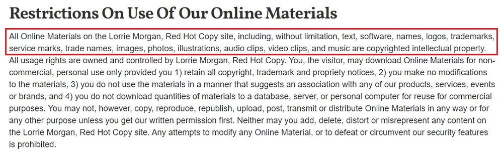 Red Hot Copy Terms of Use: Restrictions on Use of our Online Materials clause excerpt