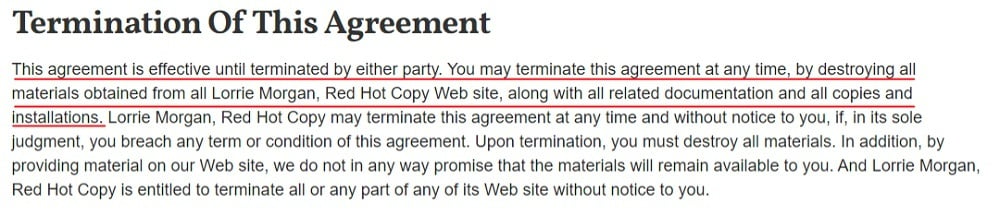 Red Hot Copy Terms of Use: Termination of this Agreement clause
