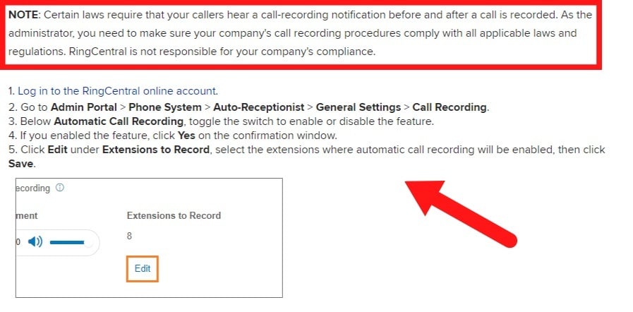 RingCentral Support: Enable or Disable Automatic Call Recording settings instructions screenshot