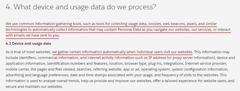 Salesforce Privacy Policy: What device and usage data do we process clause