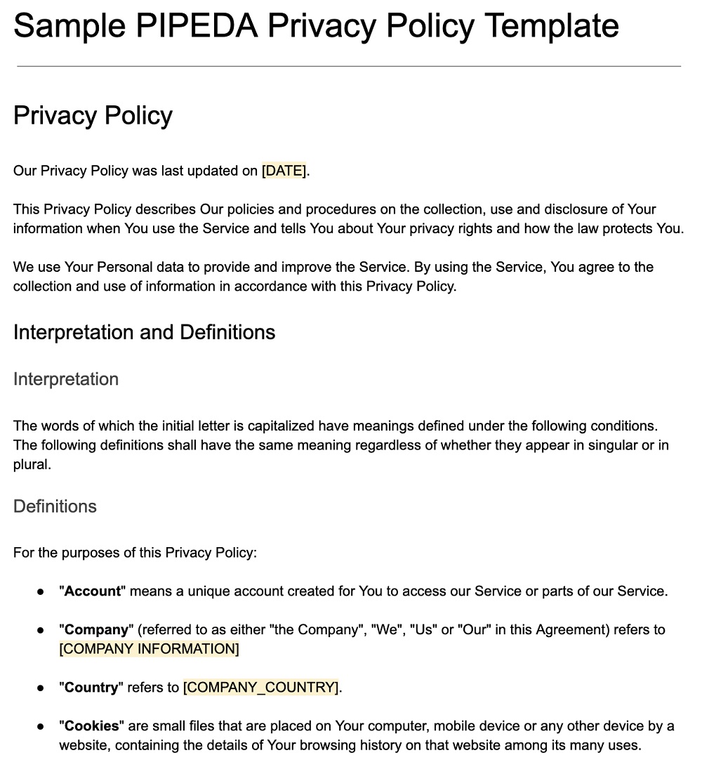 Sample PIPEDA Privacy Policy Template