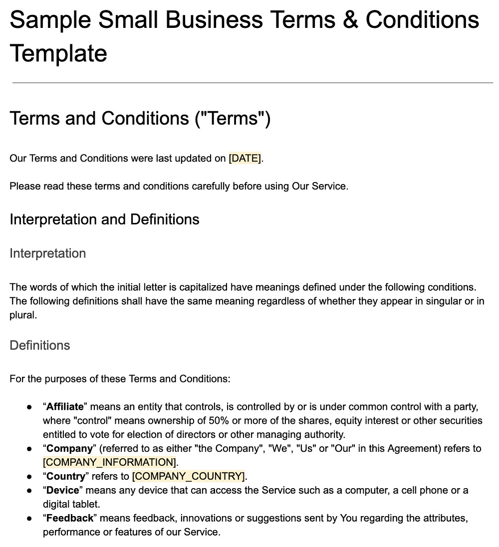Business Terms Conditions Template TermsFeed
