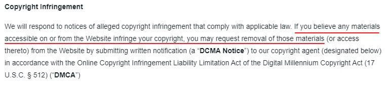 ServiceNow Terms of Use: Copyright Infringement clause