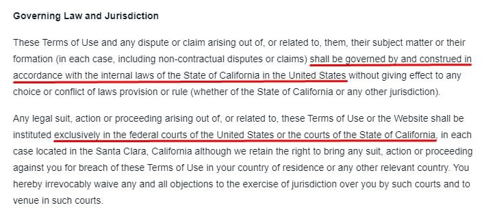 ServiceNow Terms of Use: Governing Law and Jurisdiction clause