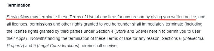 ServiceNow Terms of Use: Termination clause