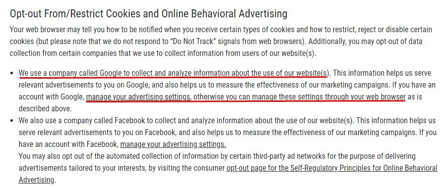 Sierra Trading Post Privacy Policy: Opt-out and Restrict Cookies and Online Behavioral Advertising clause