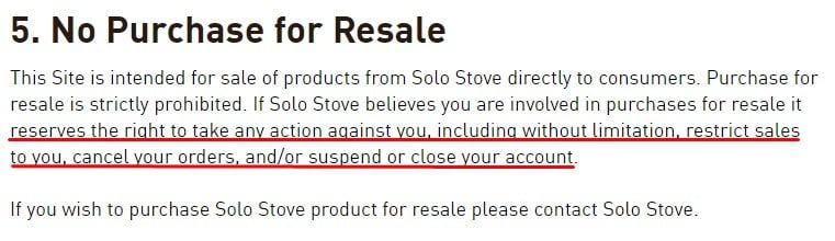 Solo Stove Terms and Conditions: No Purchase for Resale clause