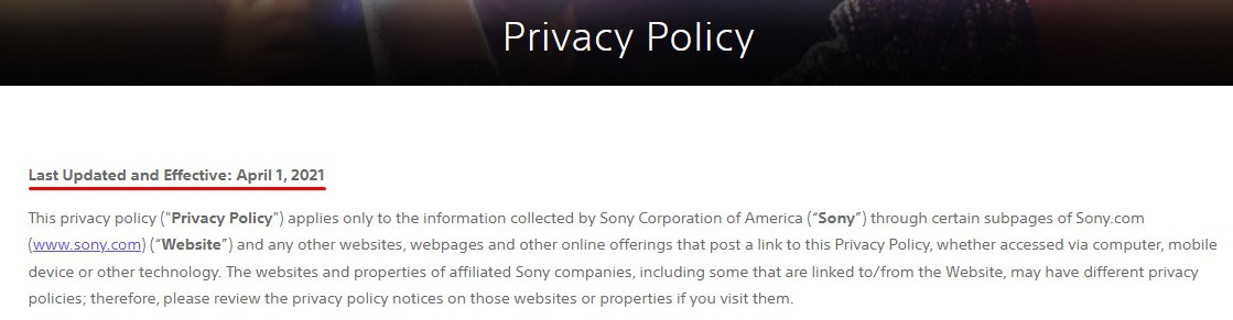 Sony Privacy Policy with effective date highlighted