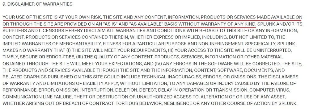 Splunk Terms of Use: DIsclaimer of Warranties clause