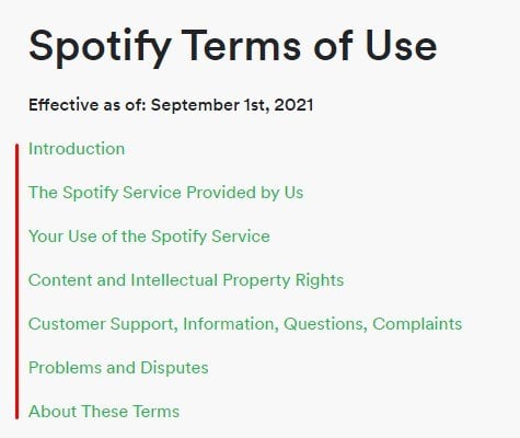 Spotify Terms of Use: Table of Contents updated