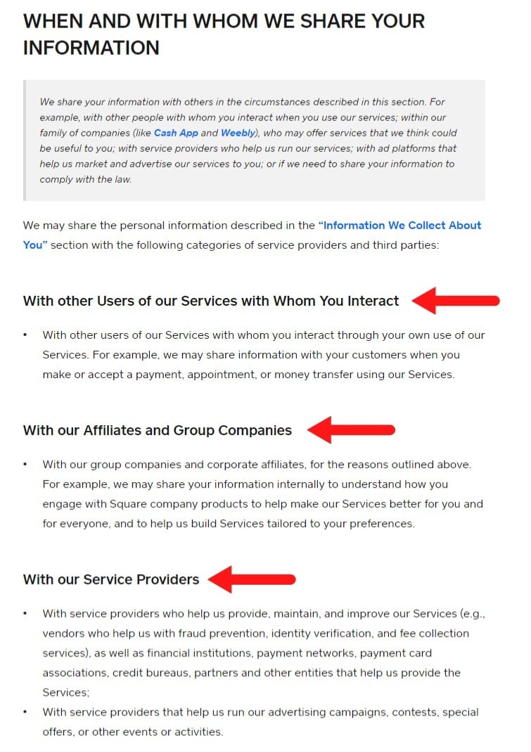 Square Privacy Notice: When and With Whom we Share Your Information clause