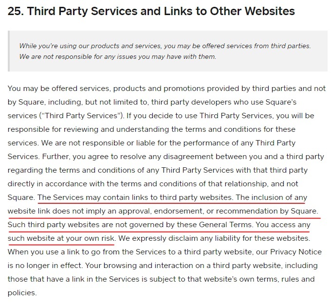 Square Terms of Service: Third Party Services and Links to Other Websites clause