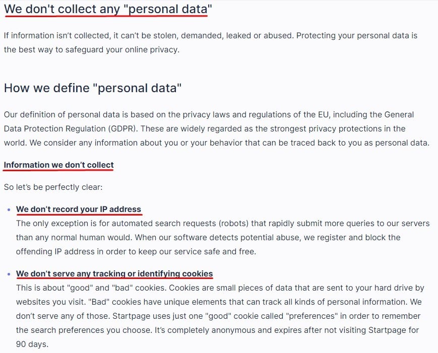 Startpage Privacy Policy: We Do Not Collect Personal Data clause