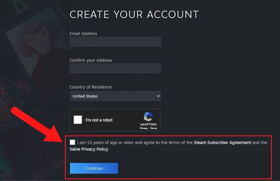 Steam Create Account form with agree checkbox highlighted