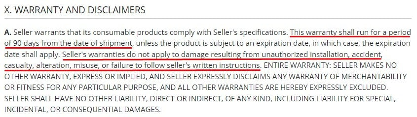 Steris Terms of Sale: Warranty and Disclaimers clause excerpt