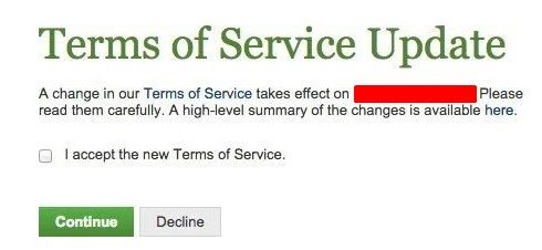 Terms of Service generic Agree to Updates checkbox notice