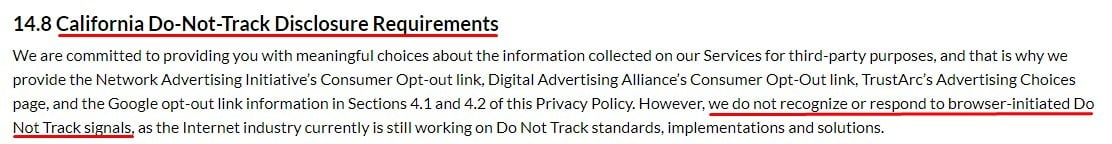 Tribune Publishing Privacy Policy: California Do Not Track disclosure requirements clause