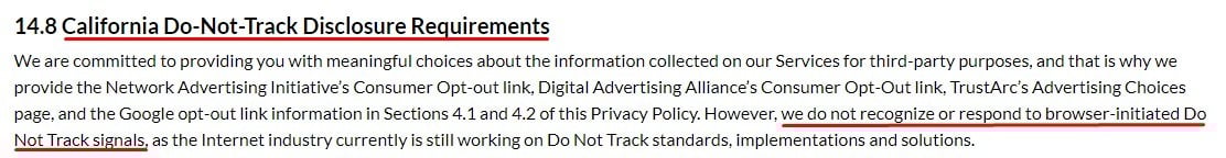 Tribune Publishing Privacy Policy: California Do Not Track disclosure requirements clause