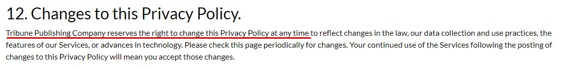 Tribune Publishing Privacy Policy: Changes to this Privacy Policy clause