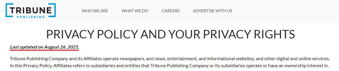 Tribune Publishing Privacy Policy with effective date highlighted