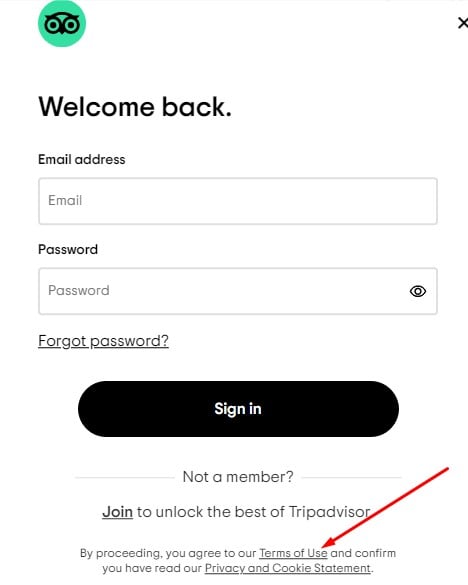 Tripadvisor sign-in form with Terms of Use link highlighted