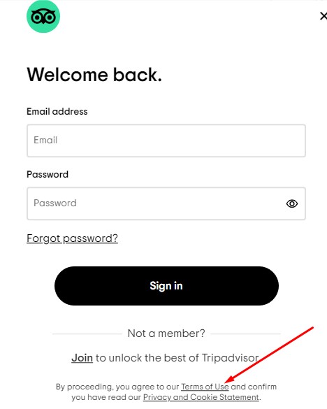 Tripadvisor sign-in form with Terms of Use link highlighted