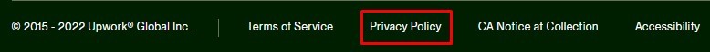 Upwork website footer with Privacy Policy link highlighted: 2022