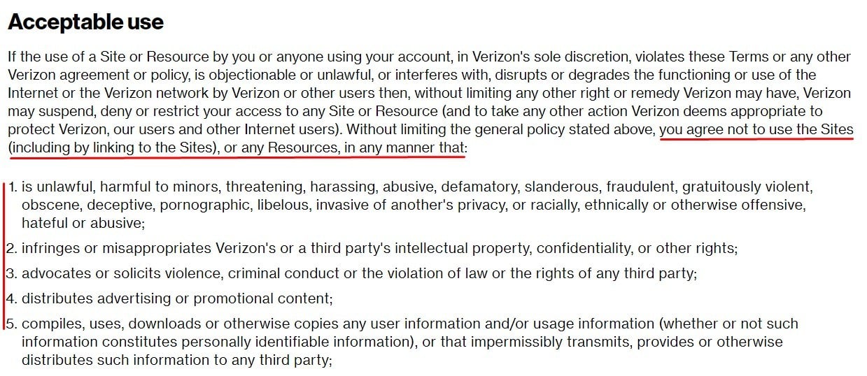 Verizon Terms of Use: Acceptable Use clause excerpt
