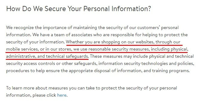 Walmart Privacy Policy: How Do We Secure Your Personal Information clause