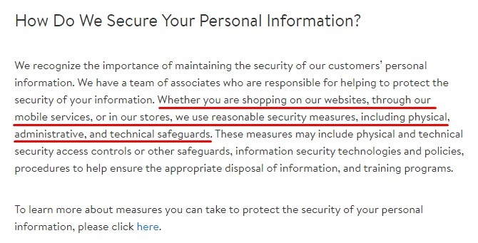 Walmart Privacy Policy: How Do We Secure Your Personal Information clause