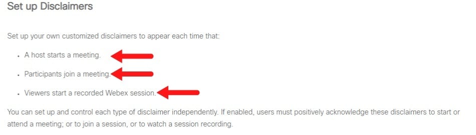 Webex Help Center: Configure Disclaimer options - Set Up Disclaimers screenshot