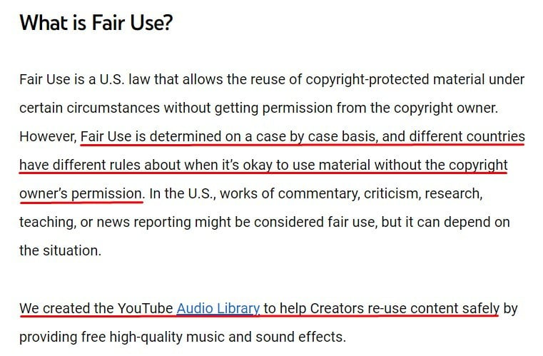 YouTube Fair Use information page