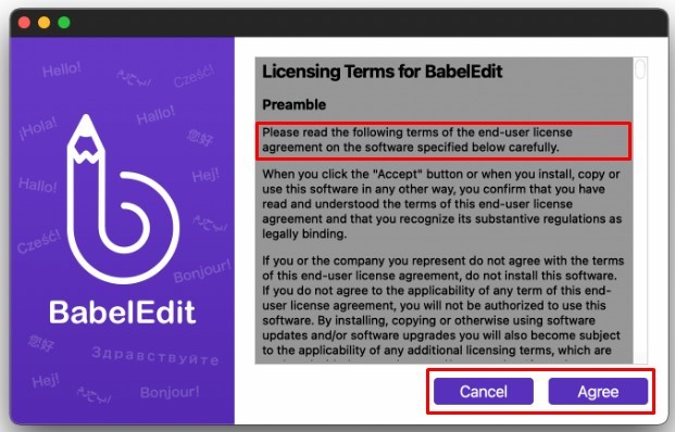 BabelEdit EULA Agree to Terms prompt