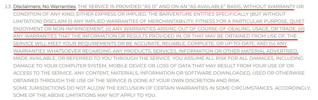 Bar Venture Terms and Conditions: Disclaimers and Warranties clause