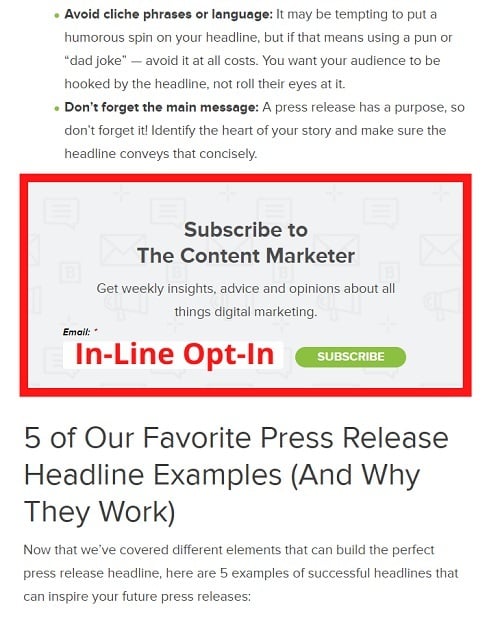 Brafton article with in-line opt-in subscribe to email form highlighted