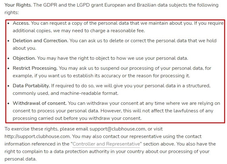 Clubhouse Privacy Policy: GDPR Rights clause excerpt