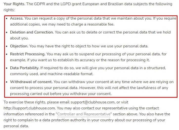 Clubhouse Privacy Policy: GDPR Rights clause excerpt