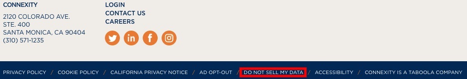 Connexity website footer with Do Not Sell My Data link highlighted