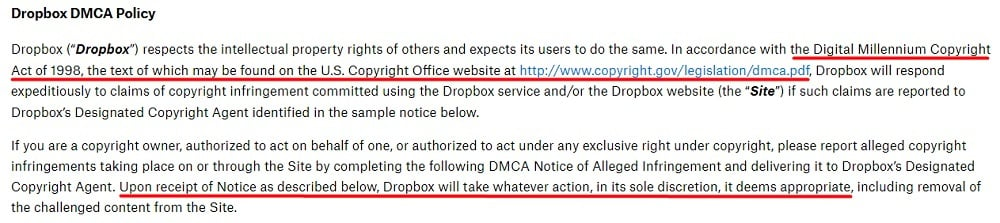 Dropbox DMCA Policy excerpt