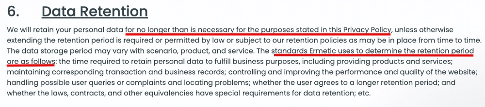 Ermetic Privacy Policy: Data Retention clause