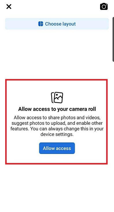 Facebook Android Permissions Dialog: Allow access to your camera roll and enable other features