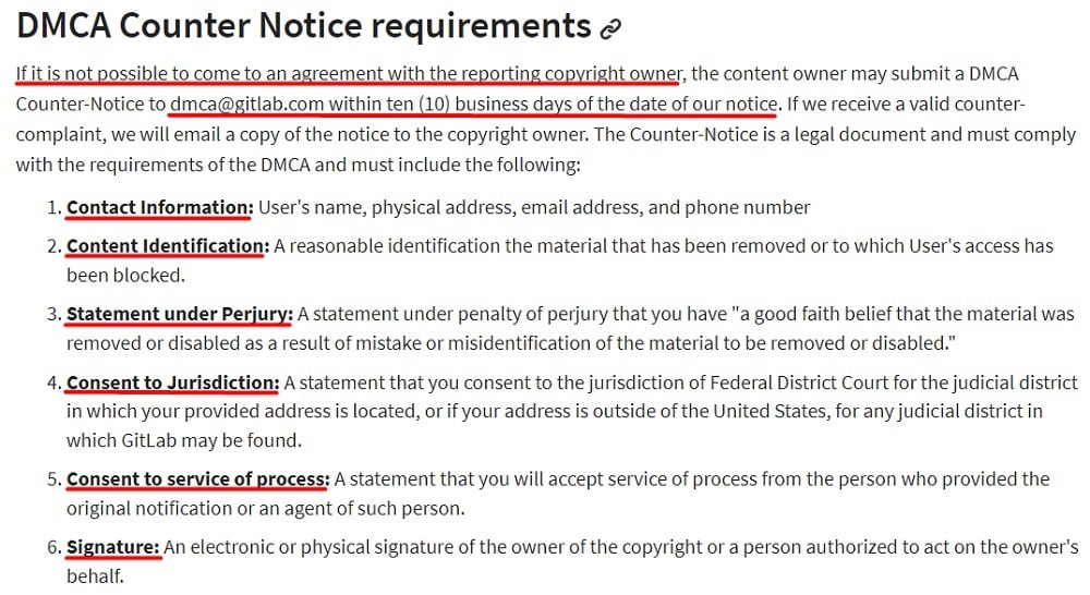 GitLab DMCA Policy: DMCA Counter Notice Requirements section