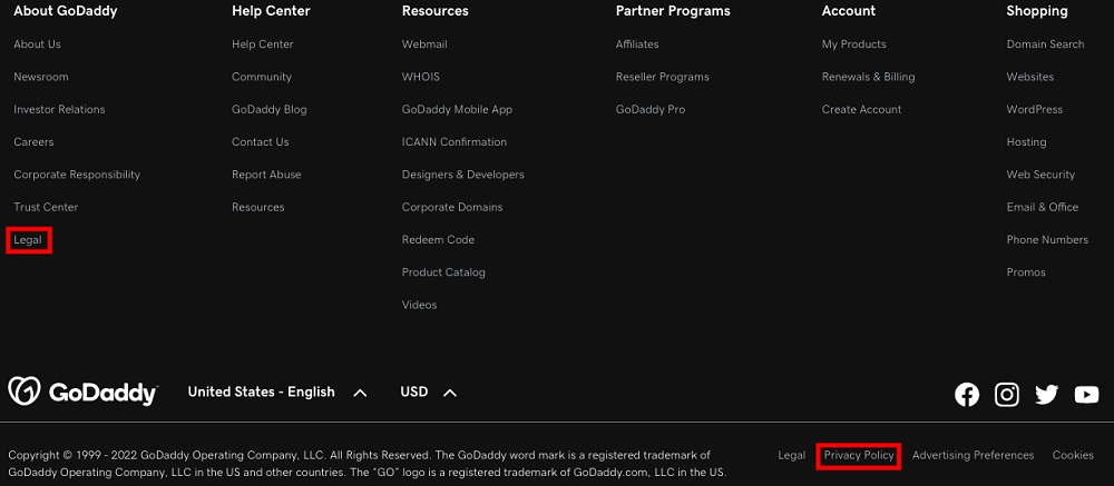 GoDaddy website footer with Legal and Privacy Policy links highlighted