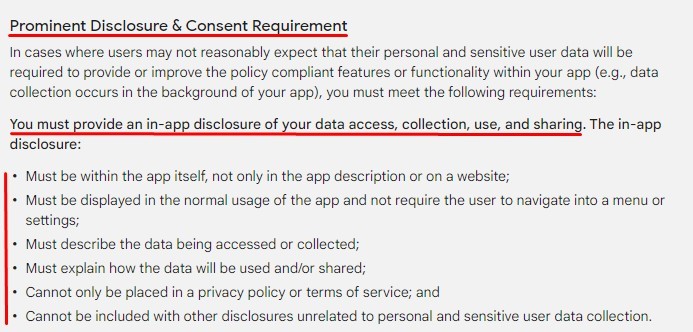 Google Play Console Help: Prominent Disclosure and Consent Requirement