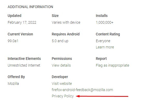 Google Play Store Mozilla Browser App Store listing with Privacy Policy link highlighted