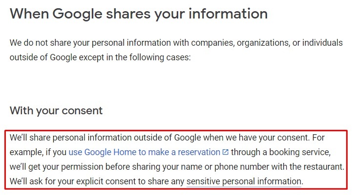 Google Privacy Policy: Sharing your information - Consent section highlighted