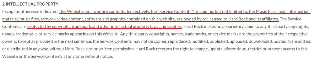 Hard Rock Hotels Terms of Use: Intellectual Property clause