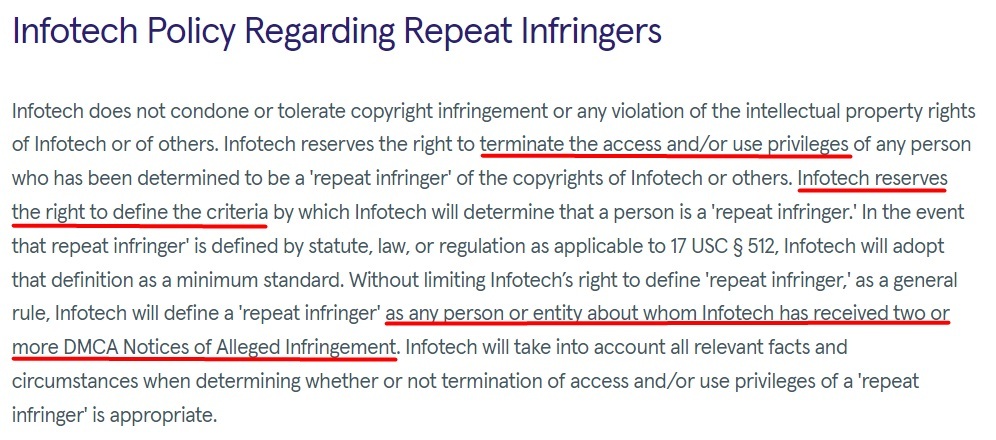 Infotech DMCA Policy: Repeat Infringers clause