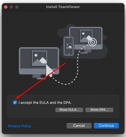 Install TeamViewer with checkbox to agree to EULA and DPA highlighted