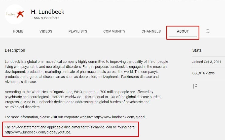 Lundbeck YouTube channel About section with Privacy Statement and Disclaimer link highlighted